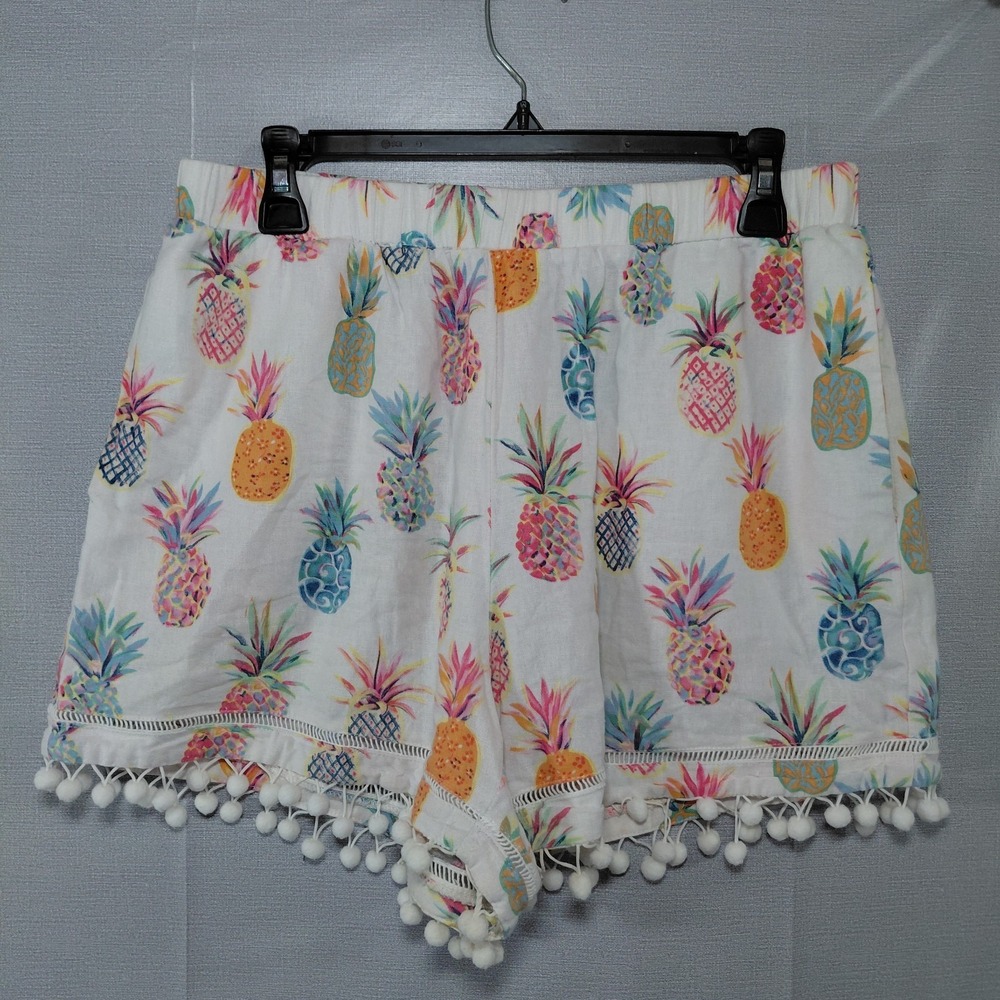 For Cynthia Linen Multicolor Pineapple Print Shorts Womens MD Pom Pom Tassel Hem